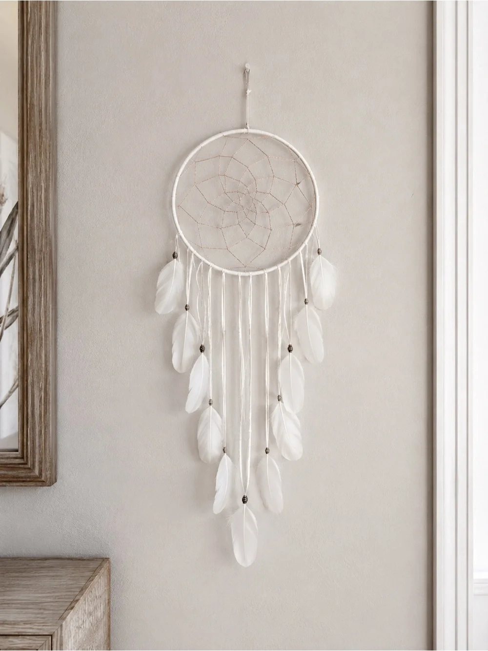 White Feather Beaded Boho Dreamcatcher Wall Hanging Metallic Copper Thread 35”
